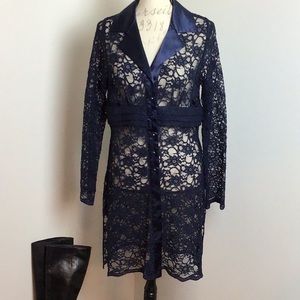 Blue Sheer Lace Button Front Tunic